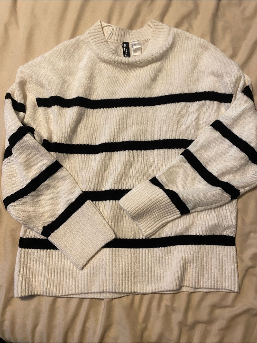 H&M Cream Crewneck Sweater with Black Stripes